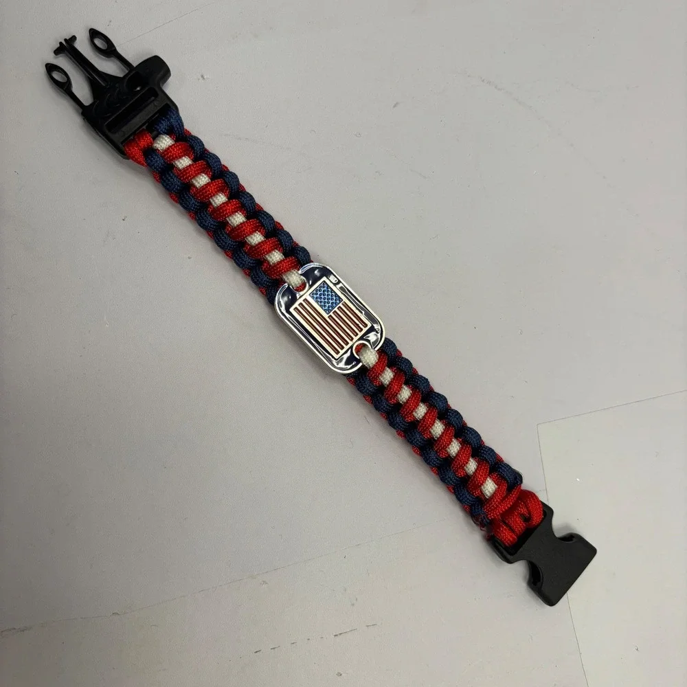 Patriotic American Flag Paracord Survival Bracelet Red White Blue 9.5 Inch
